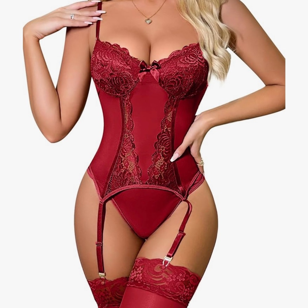 Elegant Red Lace Bustier Set